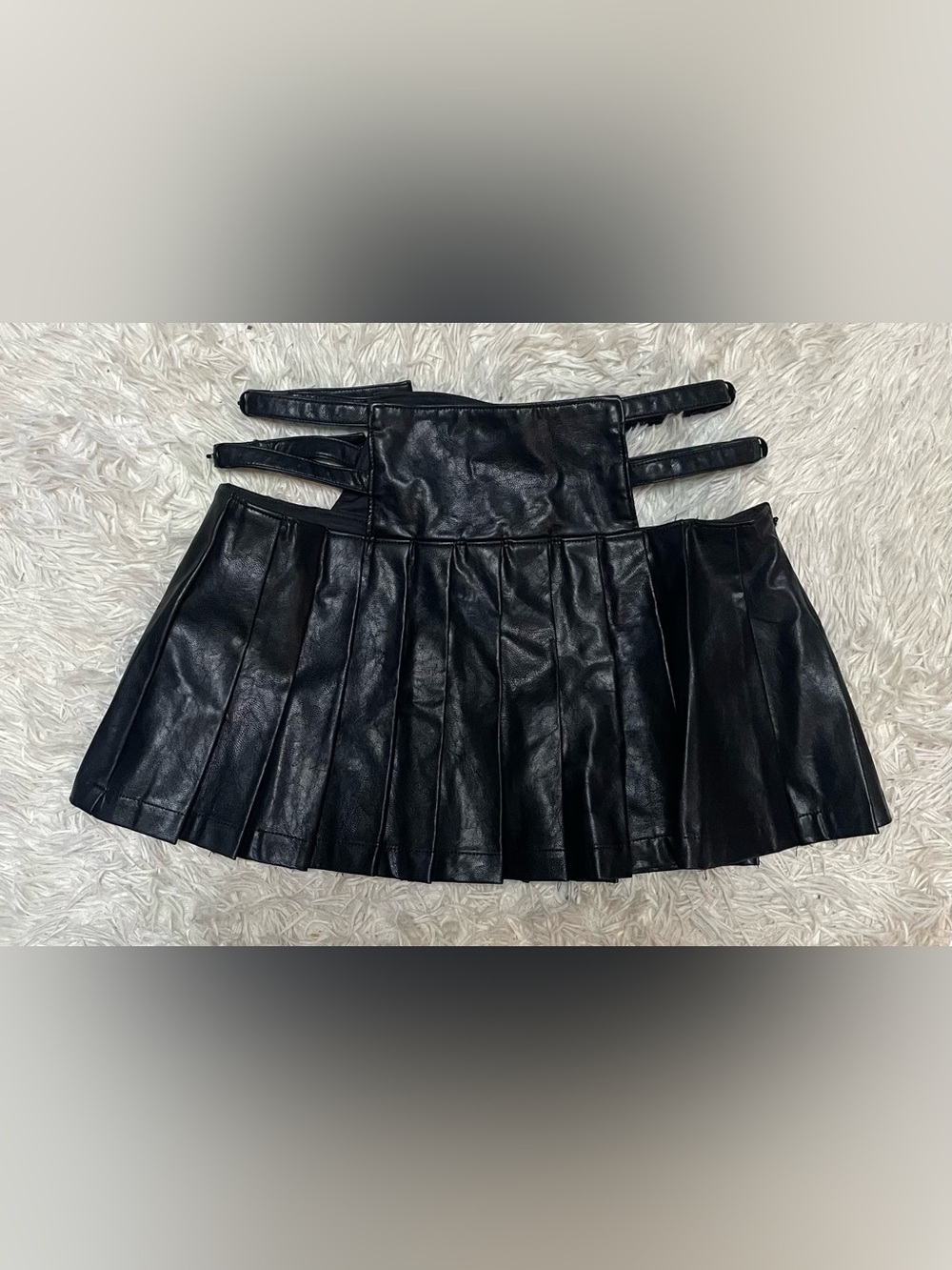 Black vegan Leather Pleated Mini Skirt with Waist Straps